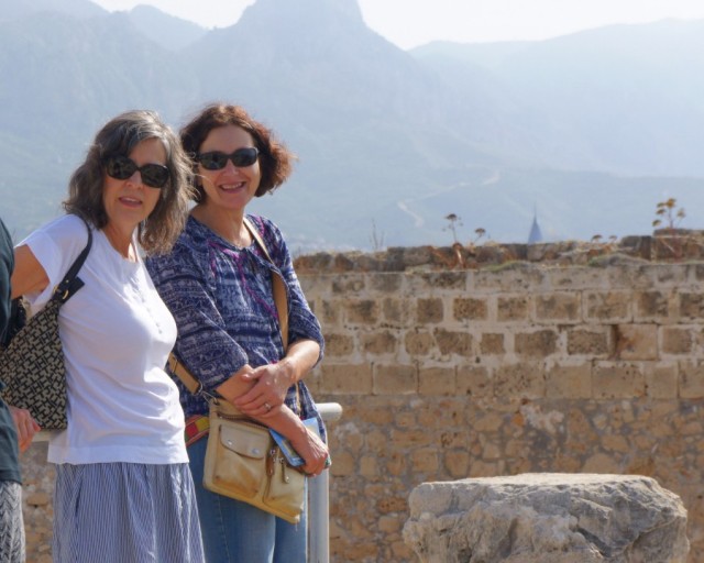 Kim and Julee at the castle in Girne, with the mountains separating north and south Cyprus in the background.